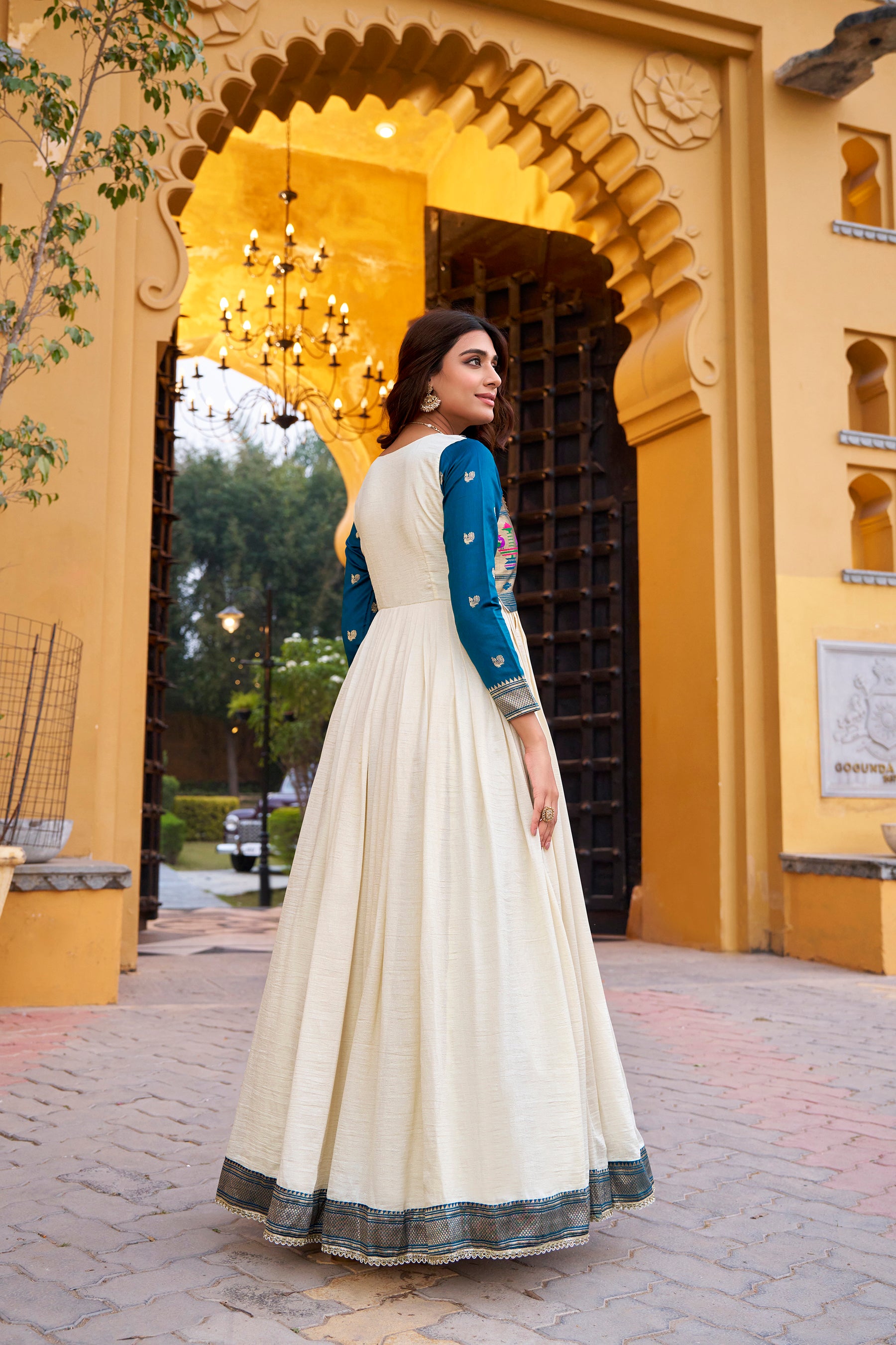 Lorenvalley Fashion Offwhite Vichitra Silk Zari Weaving Work With Lace Touch Up Long Dress - Distacart