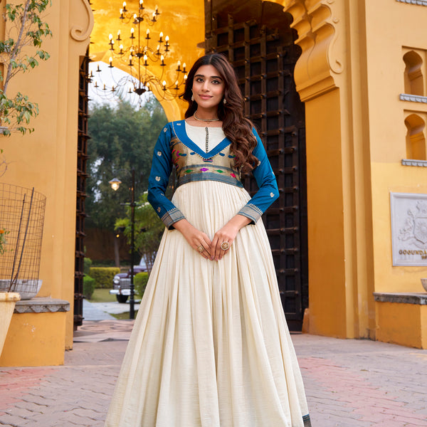 Lorenvalley Fashion Offwhite Vichitra Silk Zari Weaving Work With Lace Touch Up Long Dress - Distacart