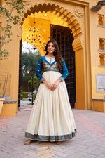 Thumbnail for Lorenvalley Fashion Offwhite Vichitra Silk Zari Weaving Work With Lace Touch Up Long Dress - Distacart
