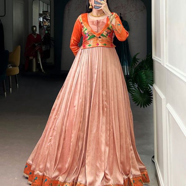 Lorenvalley Fashion Peach Vichitra Silk Zari Weaving Work With Lace Touch Up Gown - Distacart