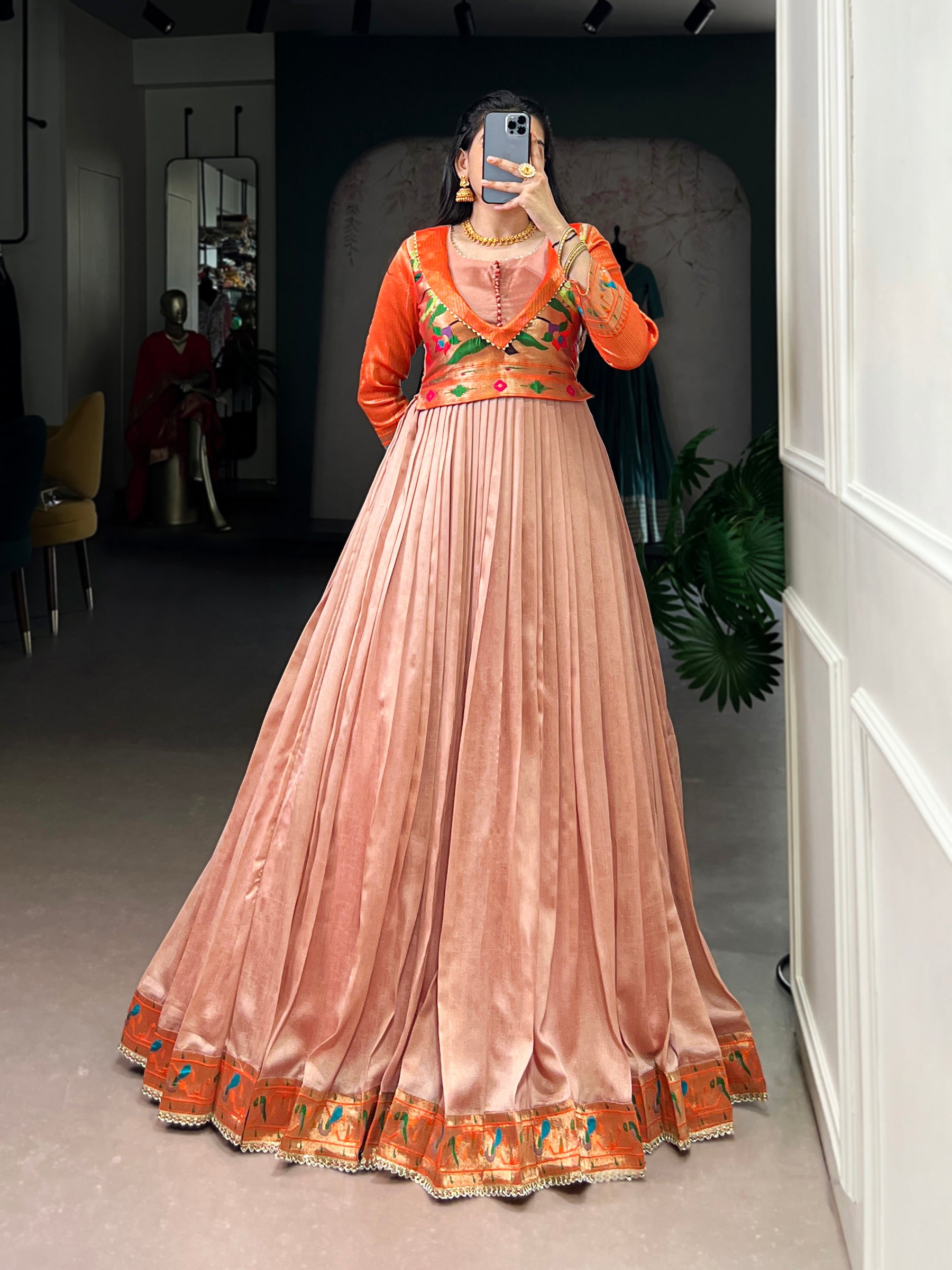 Lorenvalley Fashion Peach Vichitra Silk Zari Weaving Work With Lace Touch Up Gown - Distacart