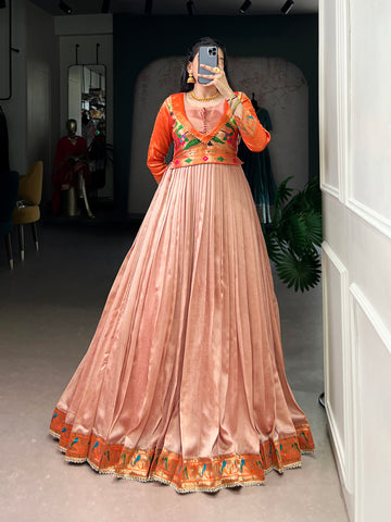 Lorenvalley Fashion Peach Vichitra Silk Zari Weaving Work With Lace Touch Up Gown - Distacart