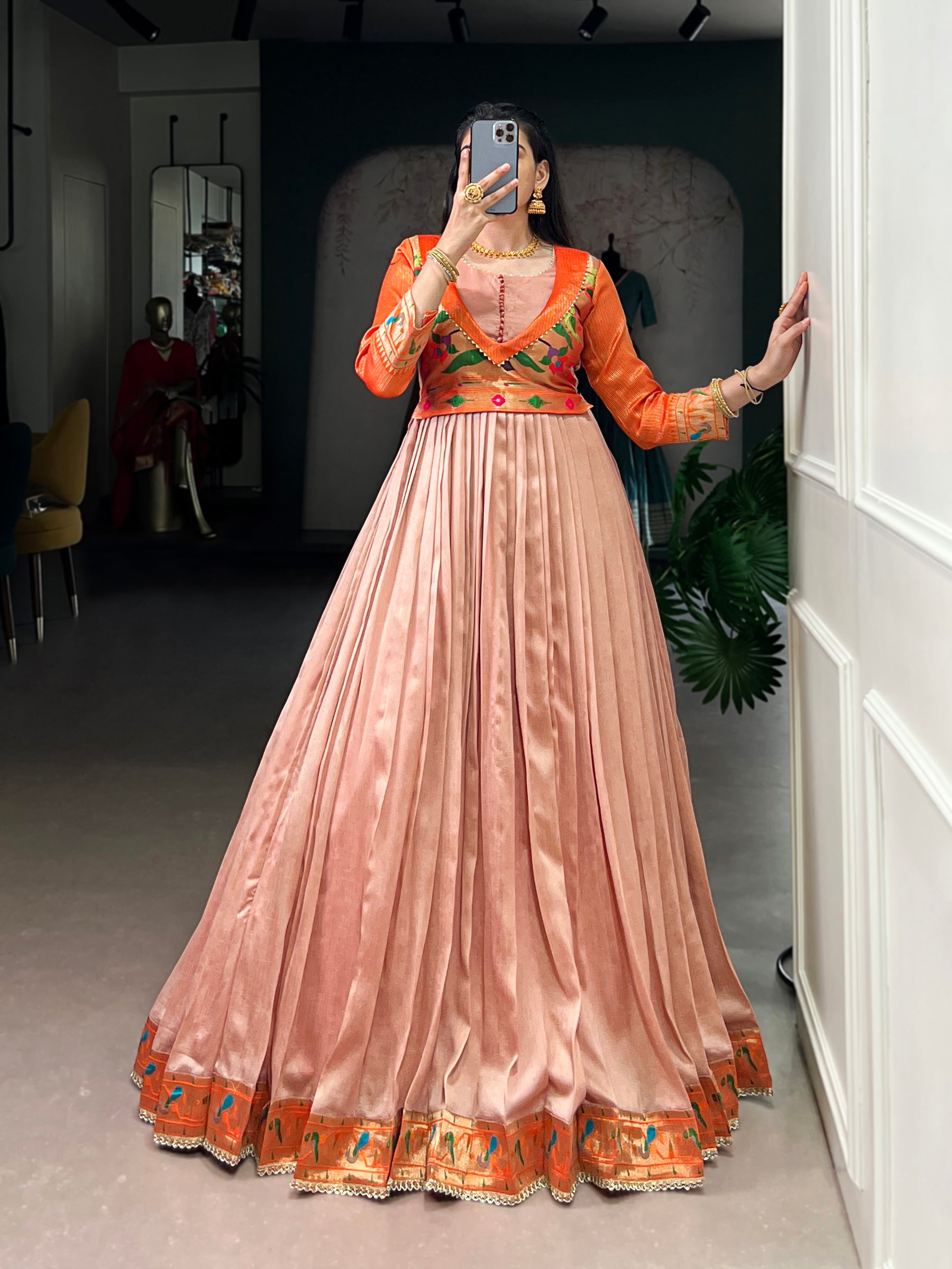 Lorenvalley Fashion Peach Vichitra Silk Zari Weaving Work With Lace Touch Up Gown - Distacart
