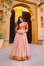 Thumbnail for Lorenvalley Fashion Peach Vichitra Silk Zari Weaving Work With Lace Touch Up Long Dress - Distacart