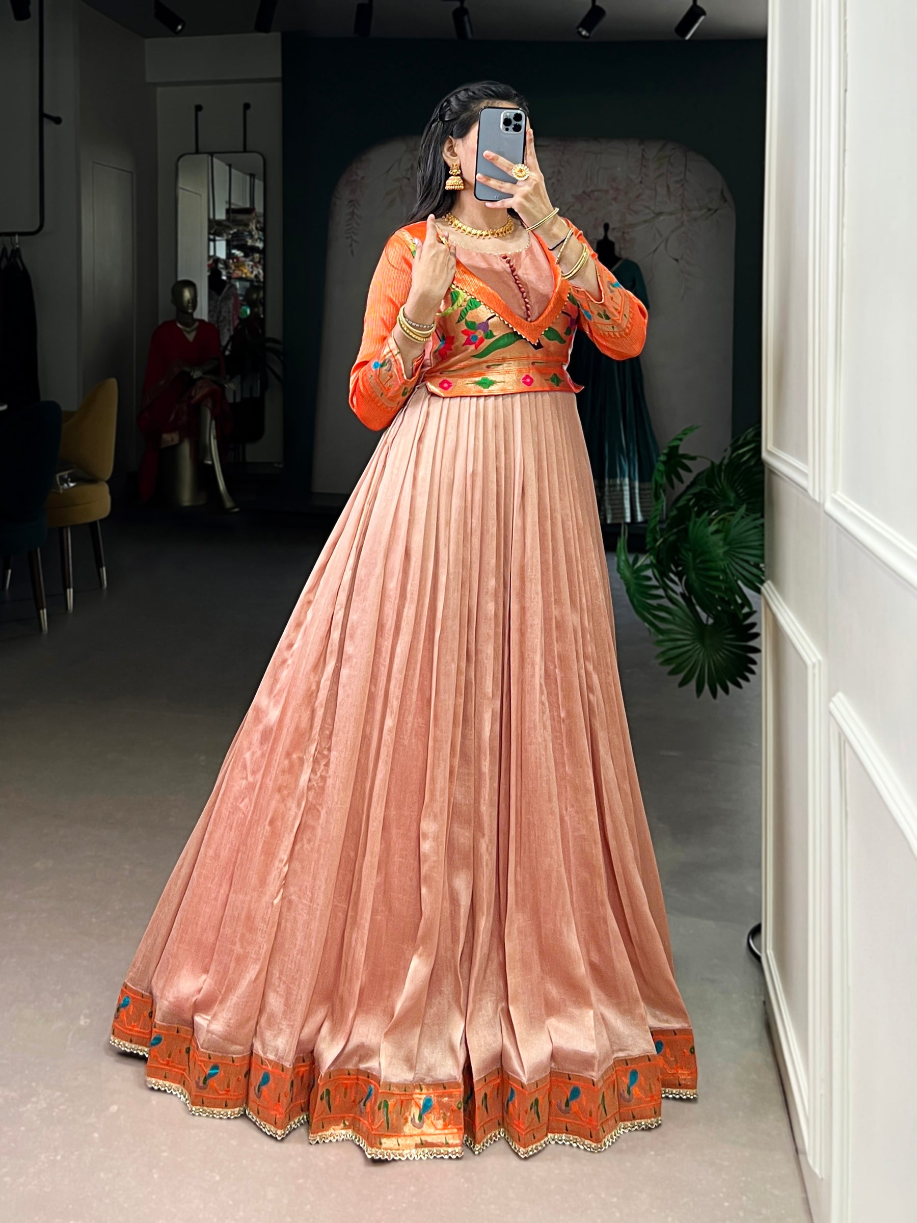Lorenvalley Fashion Peach Vichitra Silk Zari Weaving Work With Lace Touch Up Gown - Distacart