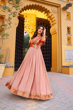 Thumbnail for Lorenvalley Fashion Peach Vichitra Silk Zari Weaving Work With Lace Touch Up Long Dress - Distacart