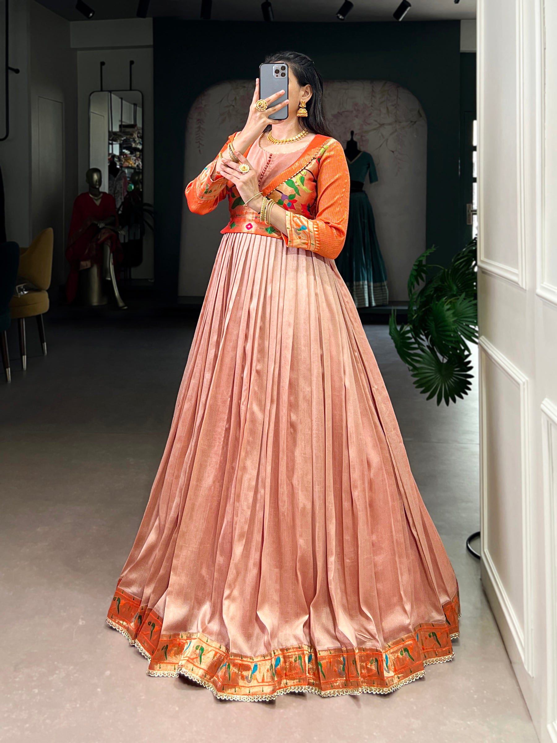 Lorenvalley Fashion Peach Vichitra Silk Zari Weaving Work With Lace Touch Up Gown - Distacart