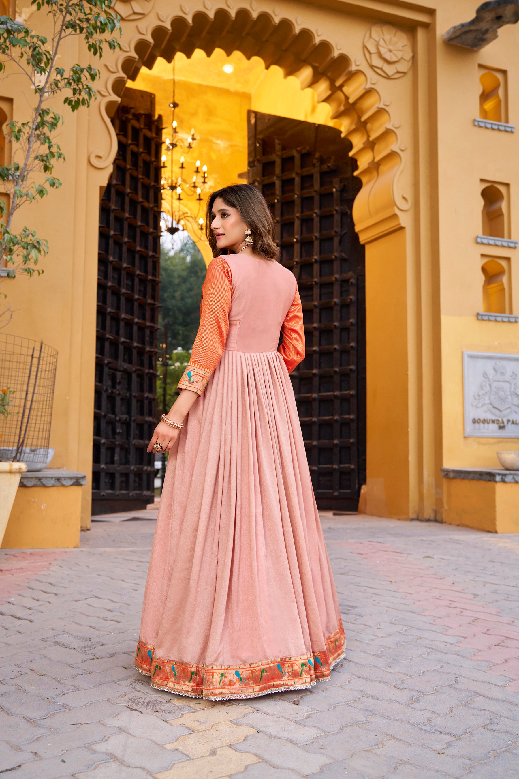 Lorenvalley Fashion Peach Vichitra Silk Zari Weaving Work With Lace Touch Up Long Dress - Distacart