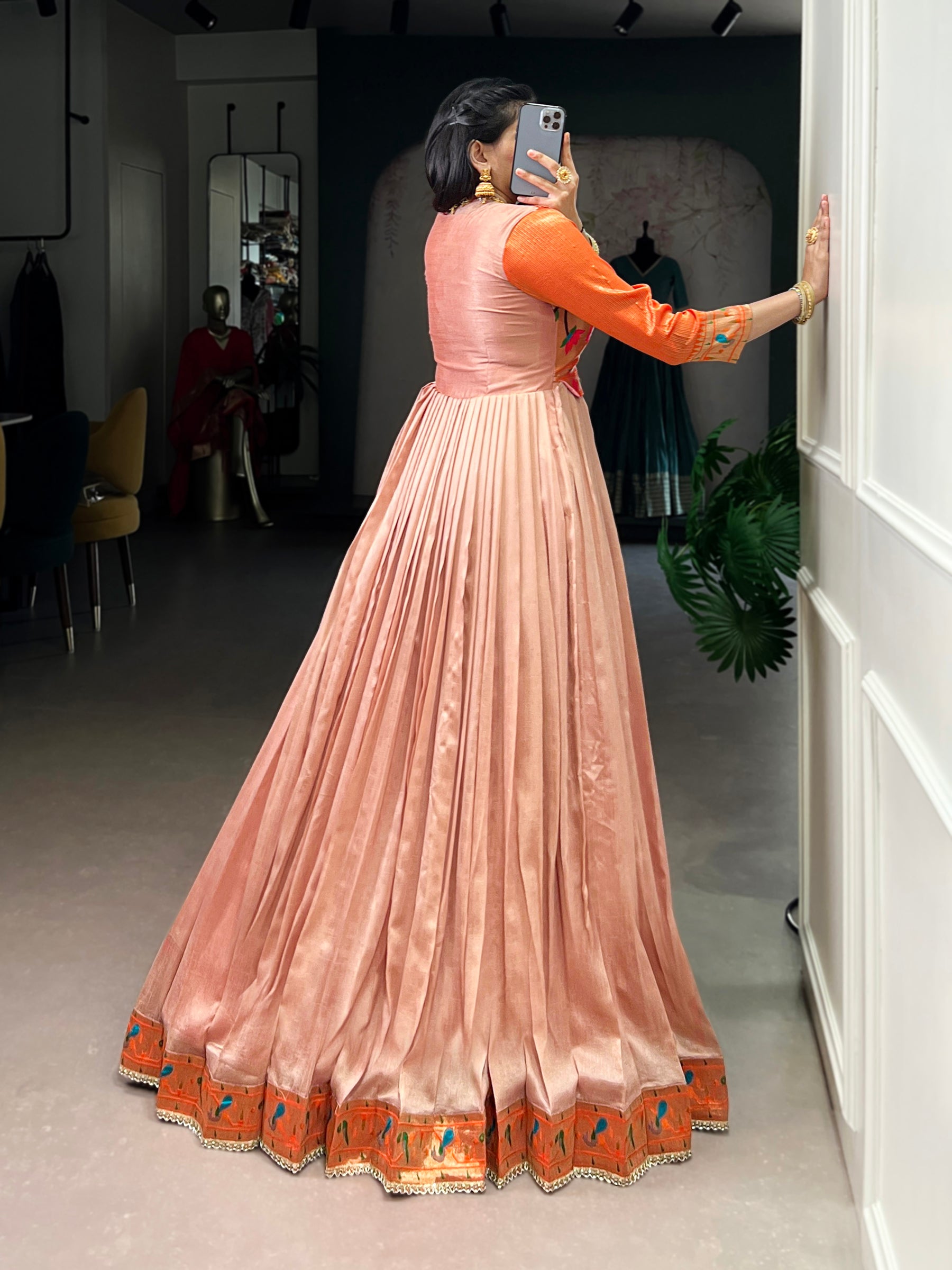 Lorenvalley Fashion Peach Vichitra Silk Zari Weaving Work With Lace Touch Up Gown - Distacart