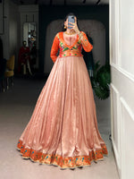 Thumbnail for Lorenvalley Fashion Peach Vichitra Silk Zari Weaving Work With Lace Touch Up Gown - Distacart