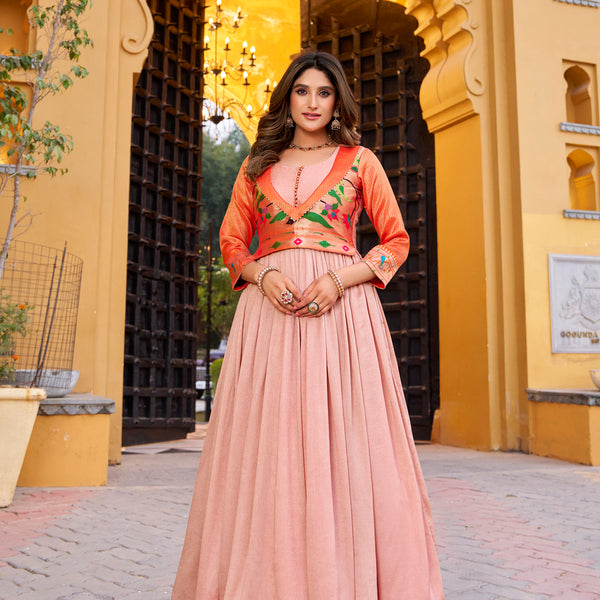 Lorenvalley Fashion Peach Vichitra Silk Zari Weaving Work With Lace Touch Up Long Dress - Distacart
