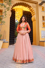 Thumbnail for Lorenvalley Fashion Peach Vichitra Silk Zari Weaving Work With Lace Touch Up Long Dress - Distacart