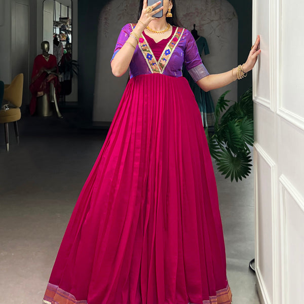 Lorenvalley Fashion Rani Pink Vichitra Silk Zari Weaving Work With Lace Touch Up Gown - Distacart