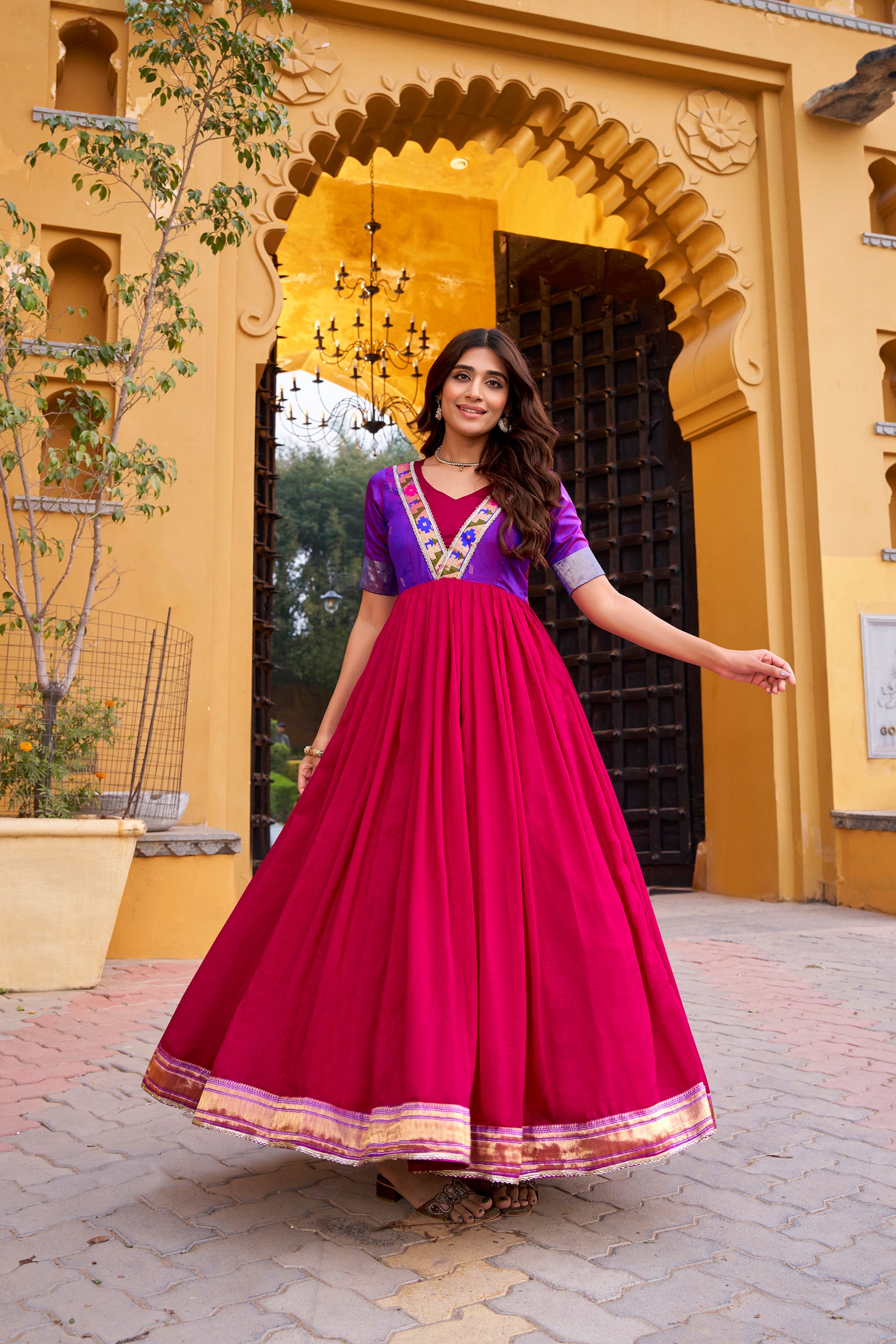 Lorenvalley Fashion Pink Vichitra Silk Zari Weaving Work With Lace Touch Up Long Dress - Distacart