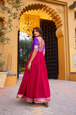 Thumbnail for Lorenvalley Fashion Pink Vichitra Silk Zari Weaving Work With Lace Touch Up Long Dress - Distacart