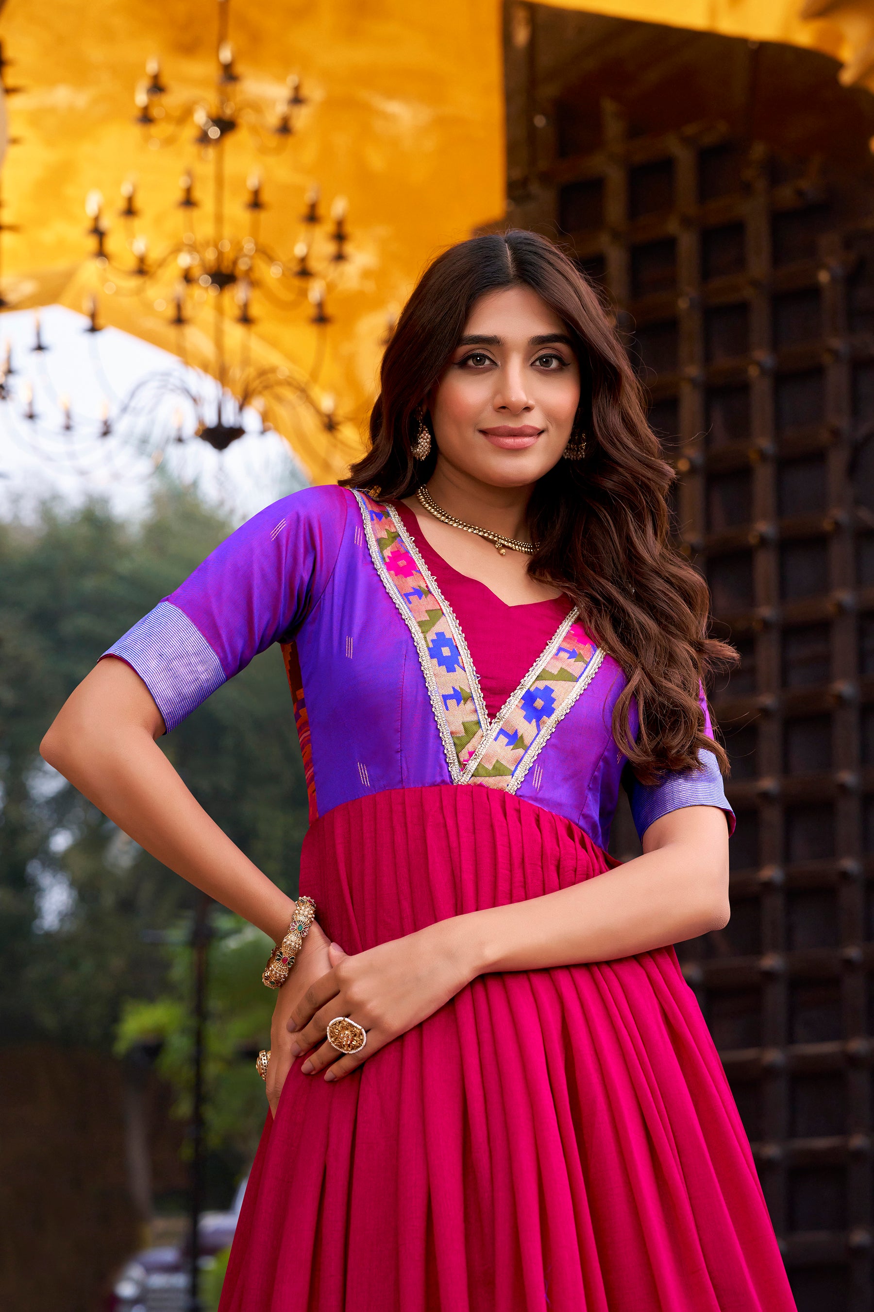 Lorenvalley Fashion Pink Vichitra Silk Zari Weaving Work With Lace Touch Up Long Dress - Distacart