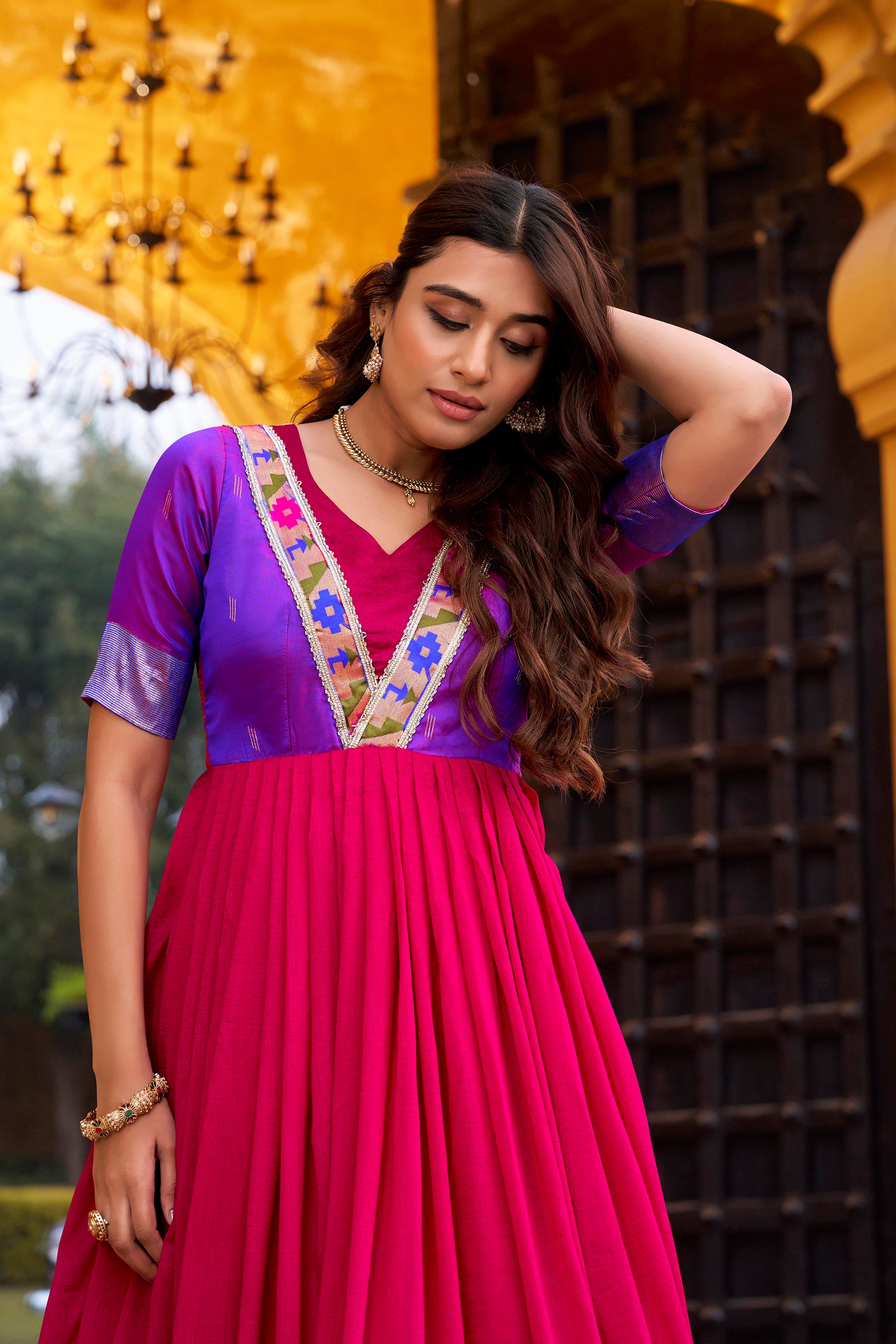 Lorenvalley Fashion Pink Vichitra Silk Zari Weaving Work With Lace Touch Up Long Dress - Distacart