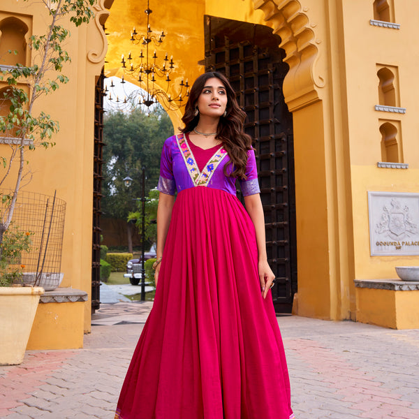 Lorenvalley Fashion Pink Vichitra Silk Zari Weaving Work With Lace Touch Up Long Dress - Distacart