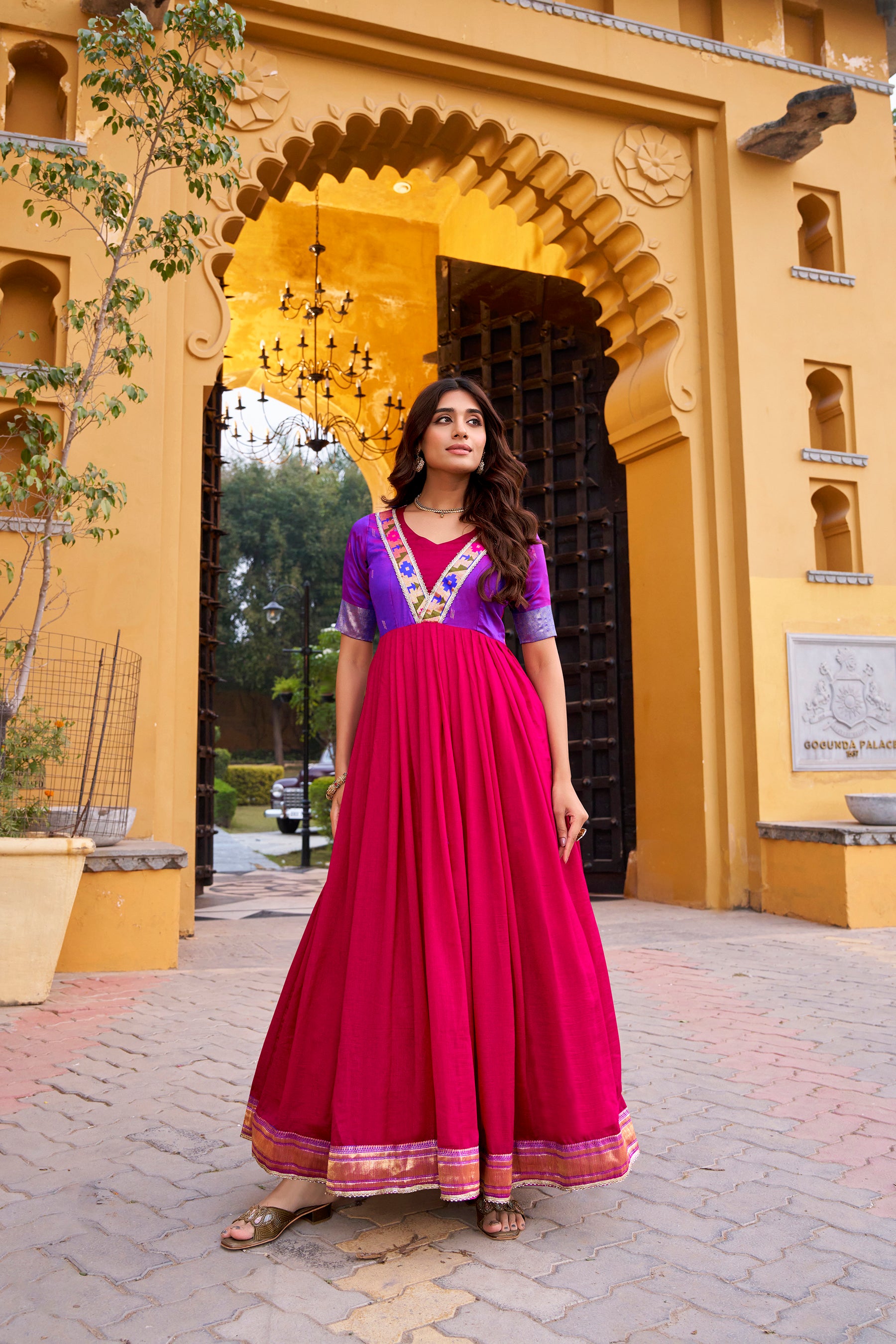 Lorenvalley Fashion Pink Vichitra Silk Zari Weaving Work With Lace Touch Up Long Dress - Distacart