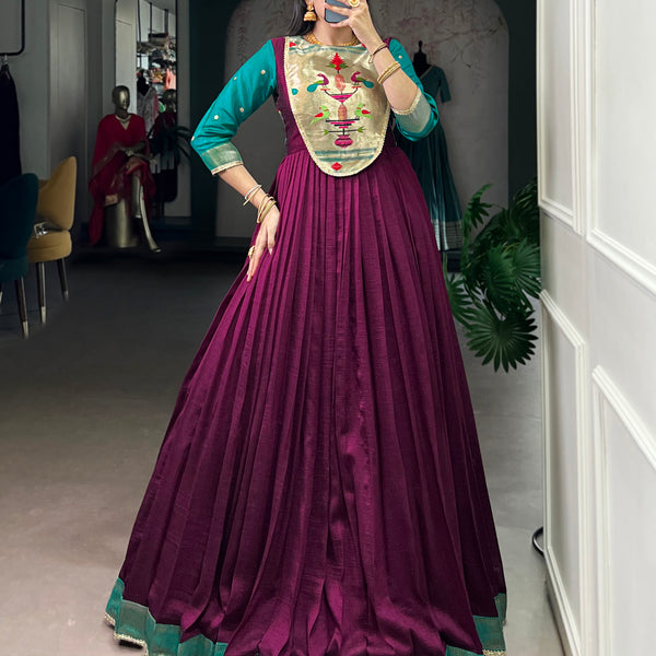 Lorenvalley Fashion Wine Vichitra Silk Zari Weaving Work With Lace Touch Up Gown - Distacart