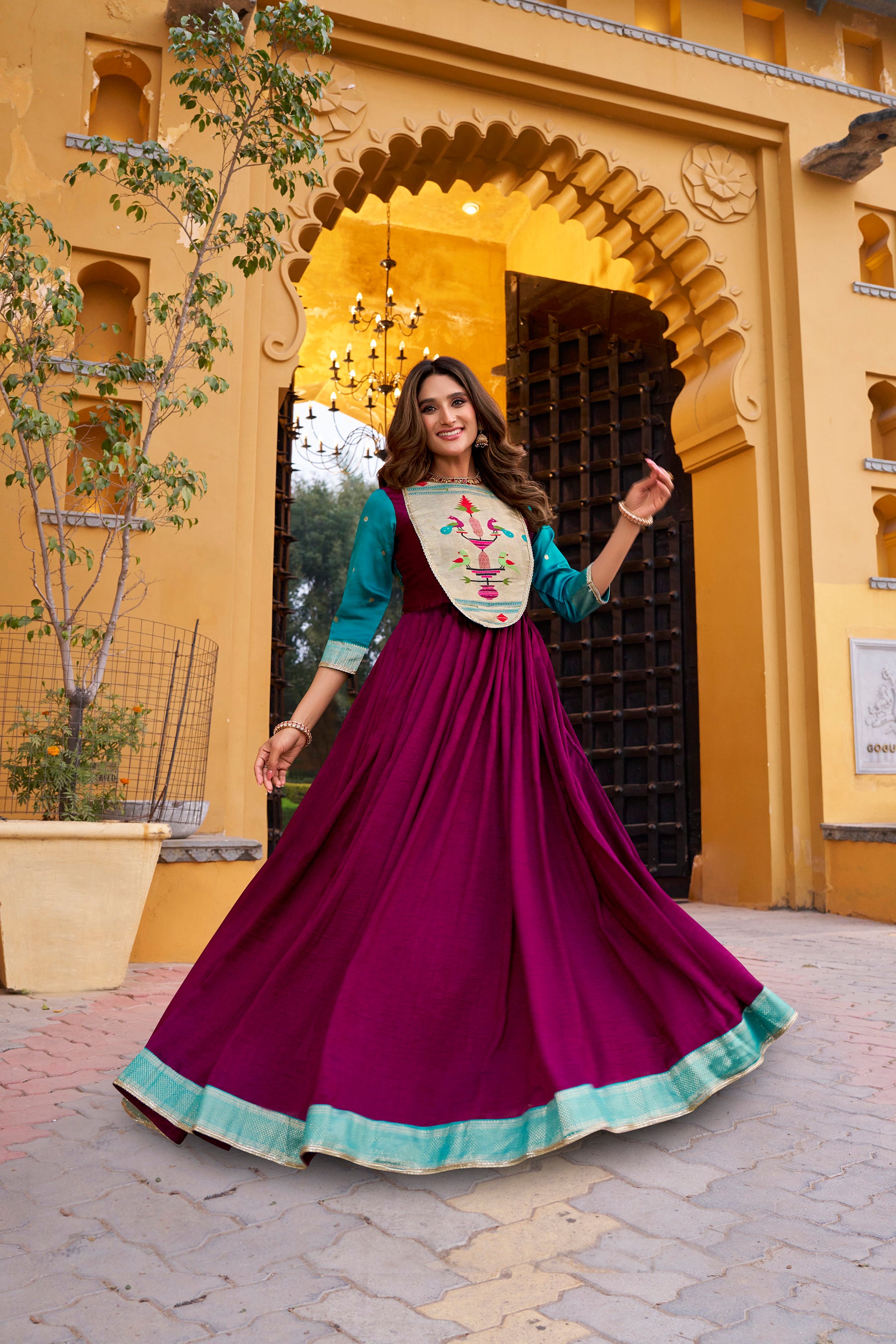 Lorenvalley Fashion Wine Vichitra Silk Zari Weaving Work With Lace Touch Up Long Dress - Distacart