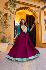 Thumbnail for Lorenvalley Fashion Wine Vichitra Silk Zari Weaving Work With Lace Touch Up Long Dress - Distacart