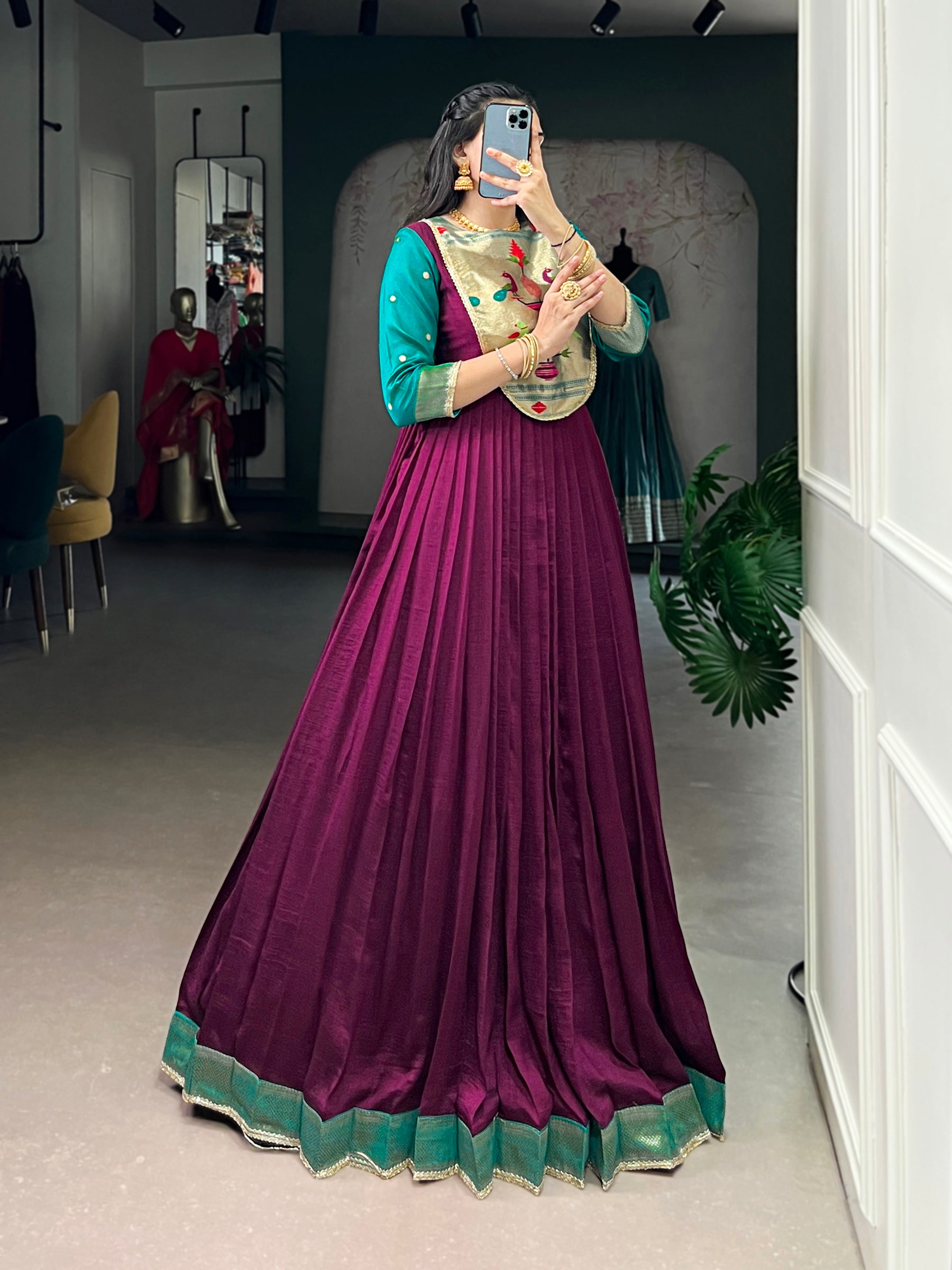 Lorenvalley Fashion Wine Vichitra Silk Zari Weaving Work With Lace Touch Up Gown - Distacart