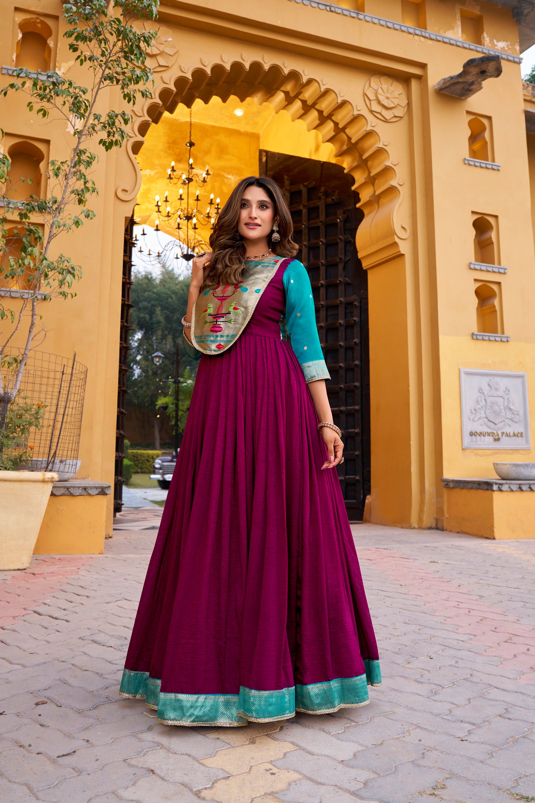 Lorenvalley Fashion Wine Vichitra Silk Zari Weaving Work With Lace Touch Up Long Dress - Distacart