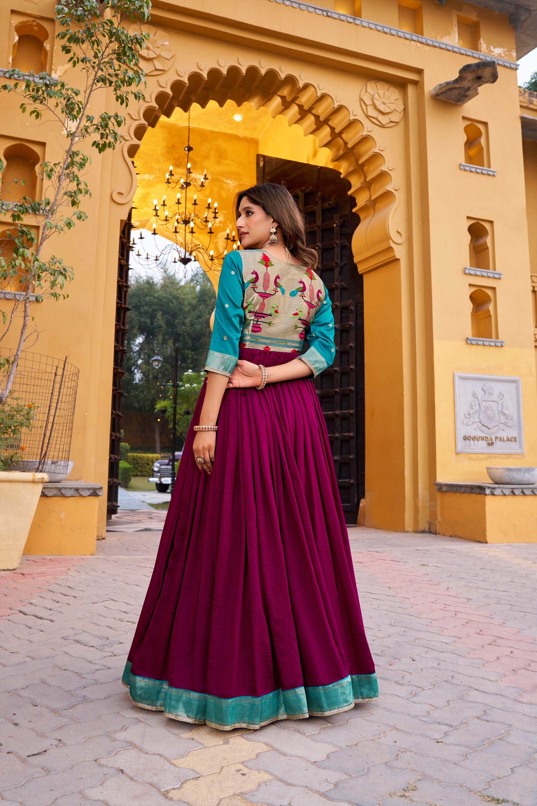 Lorenvalley Fashion Wine Vichitra Silk Zari Weaving Work With Lace Touch Up Long Dress - Distacart