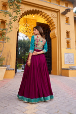 Thumbnail for Lorenvalley Fashion Wine Vichitra Silk Zari Weaving Work With Lace Touch Up Long Dress - Distacart