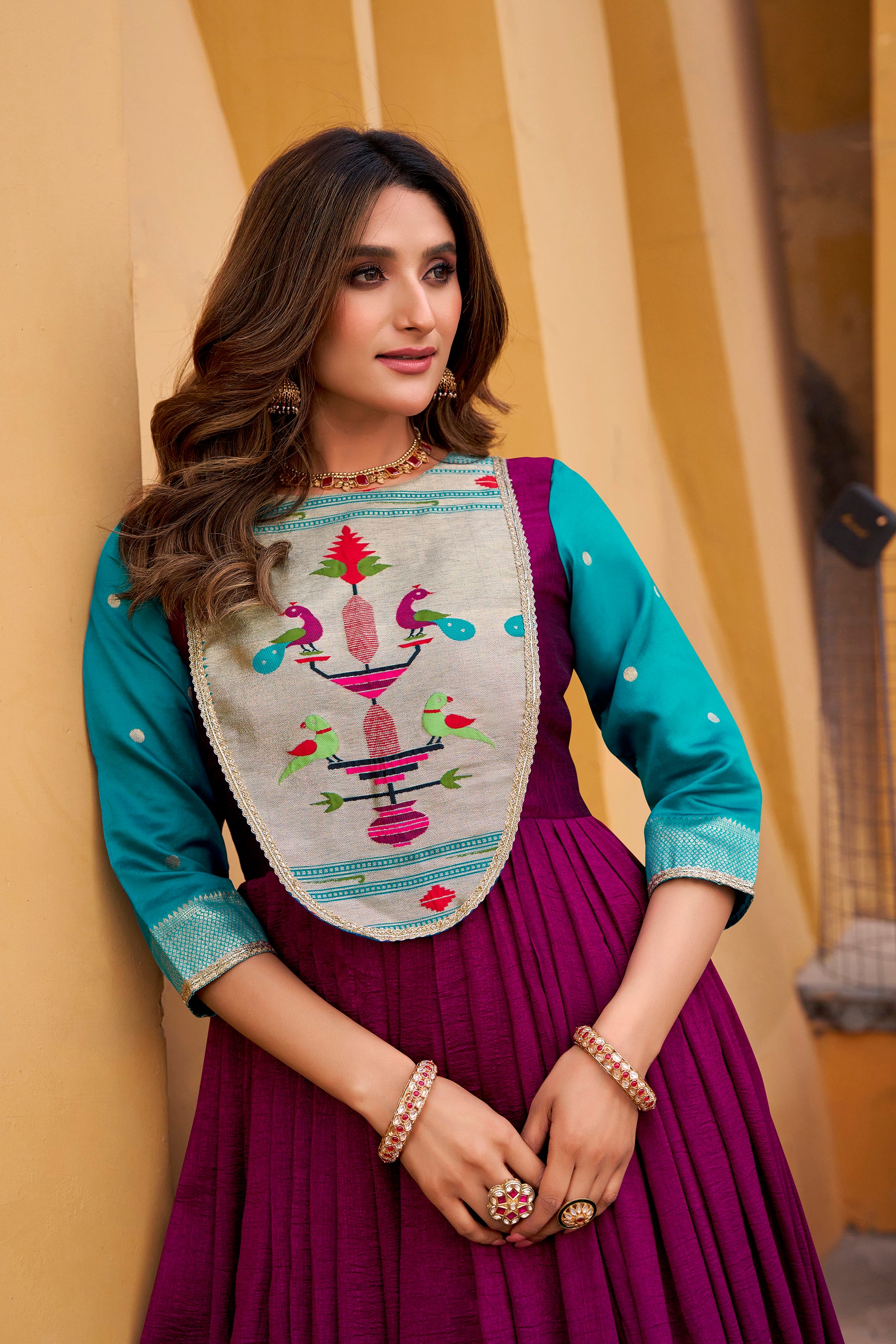 Lorenvalley Fashion Wine Vichitra Silk Zari Weaving Work With Lace Touch Up Long Dress - Distacart