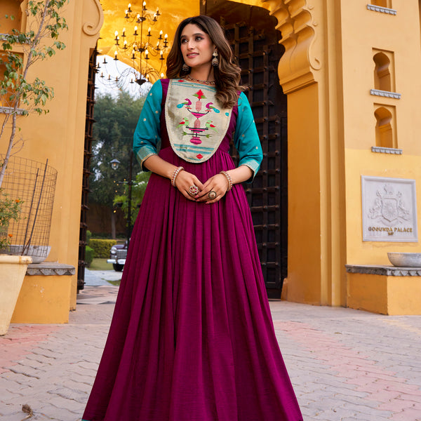 Lorenvalley Fashion Wine Vichitra Silk Zari Weaving Work With Lace Touch Up Long Dress - Distacart