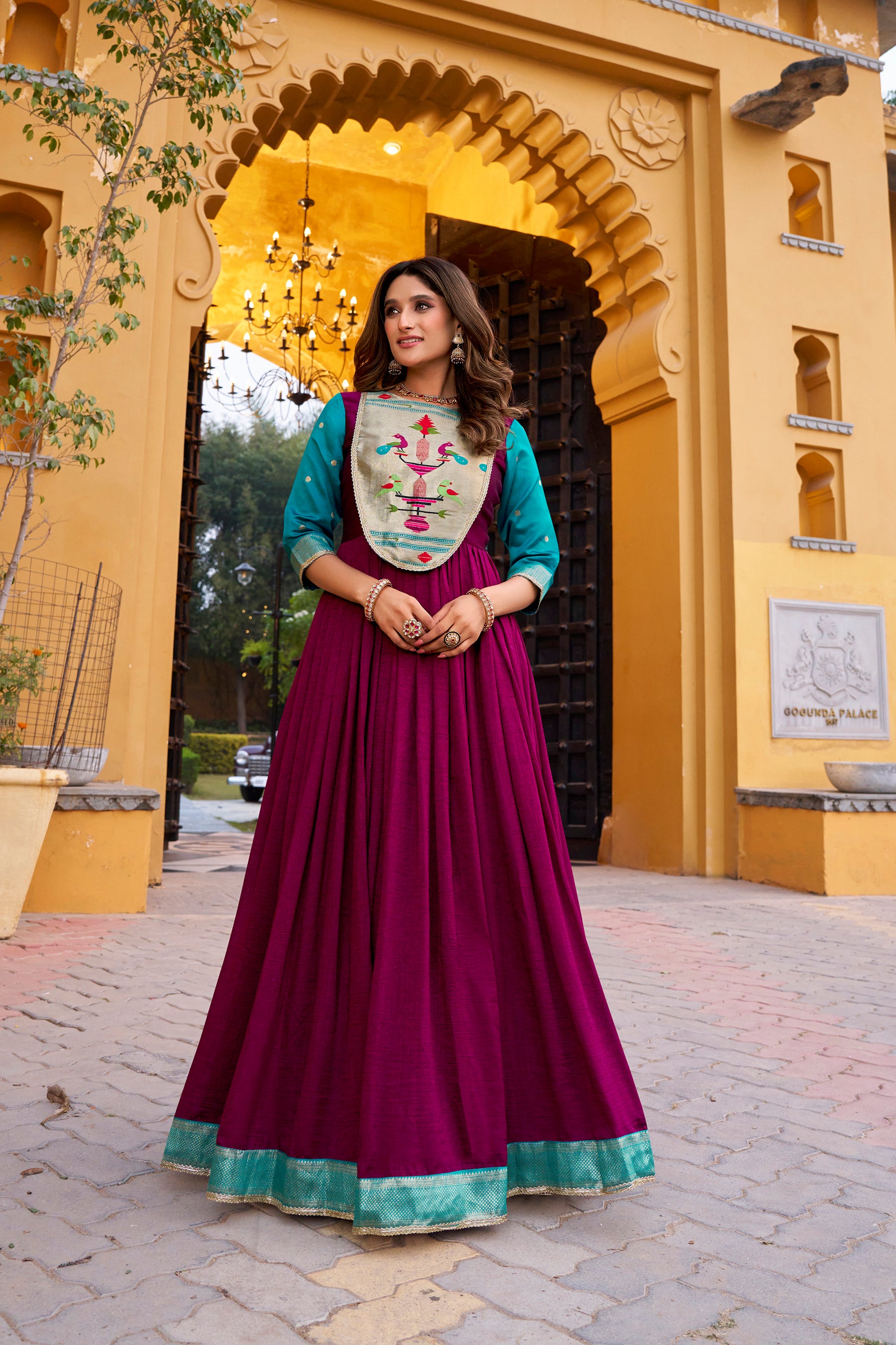 Lorenvalley Fashion Wine Vichitra Silk Zari Weaving Work With Lace Touch Up Long Dress - Distacart