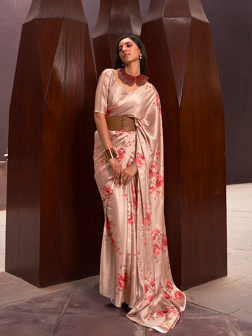 Monjolika Fashion Crepe Satin Digital Print Beige Trendy Saree