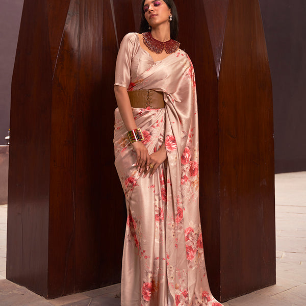 Monjolika Fashion Crepe Satin Digital Print Beige Trendy Saree - Distacart