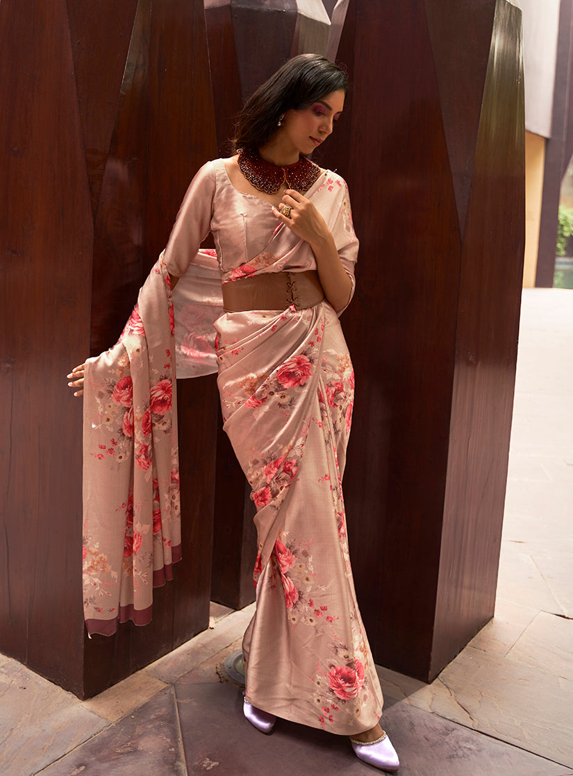 Monjolika Fashion Crepe Satin Digital Print Beige Trendy Saree