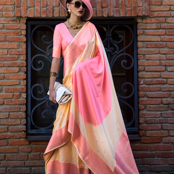 Monjolika Fashion Cream And Pink Weaving Silk Party Classic Saree - Distacart