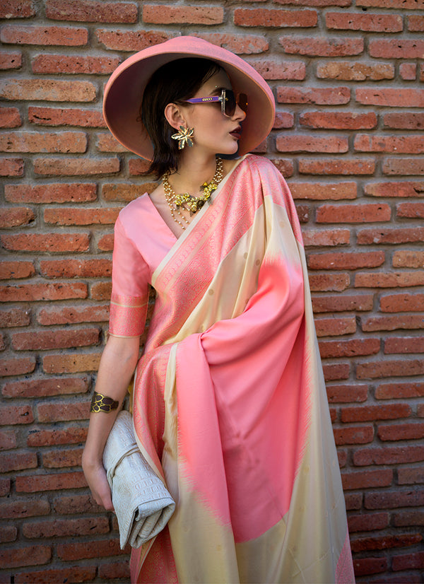 Monjolika Fashion Cream And Pink Weaving Silk Party Classic Saree