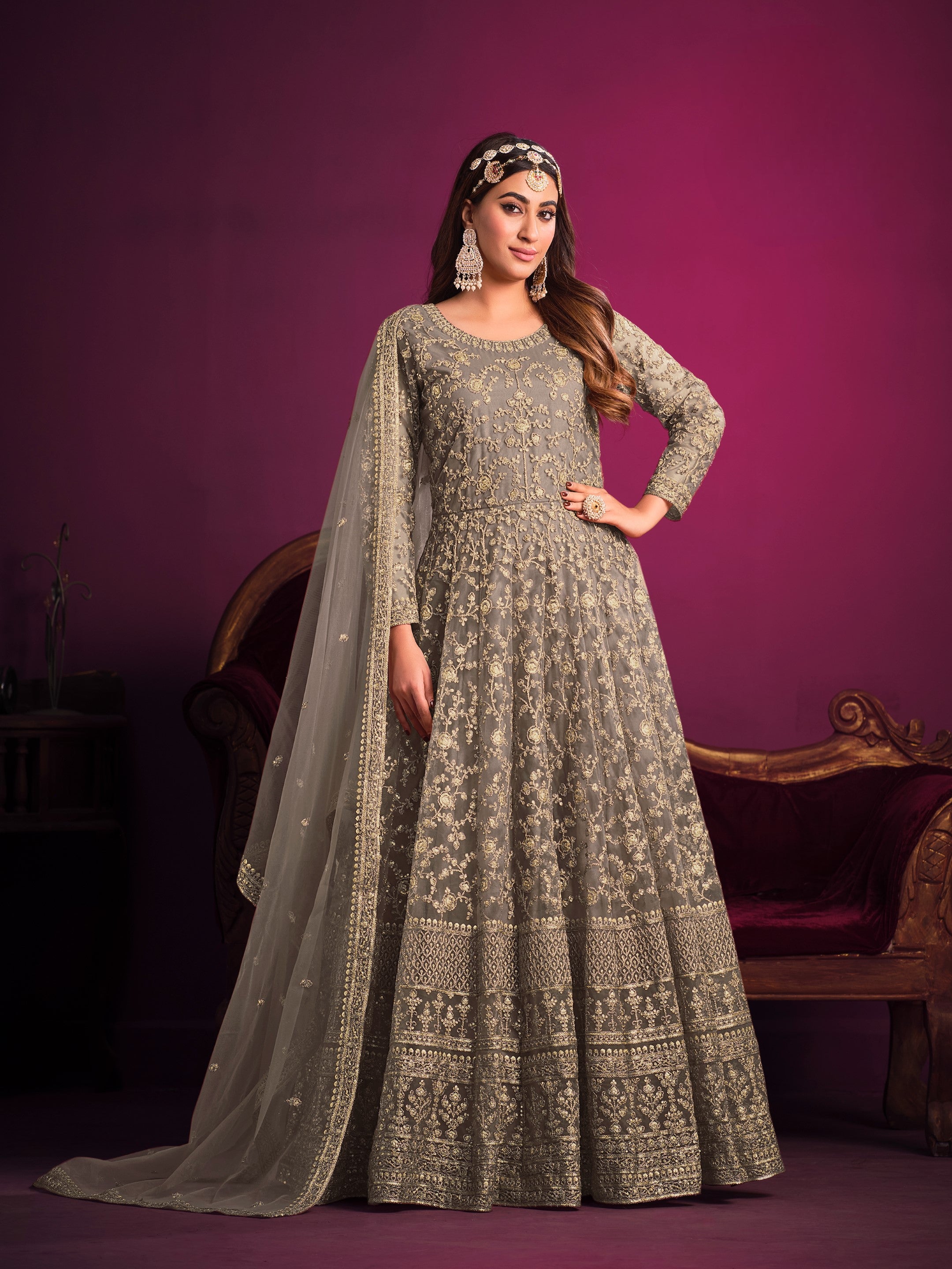 Anaita Grey Embroidered Net Anarkali Suit - Distacart