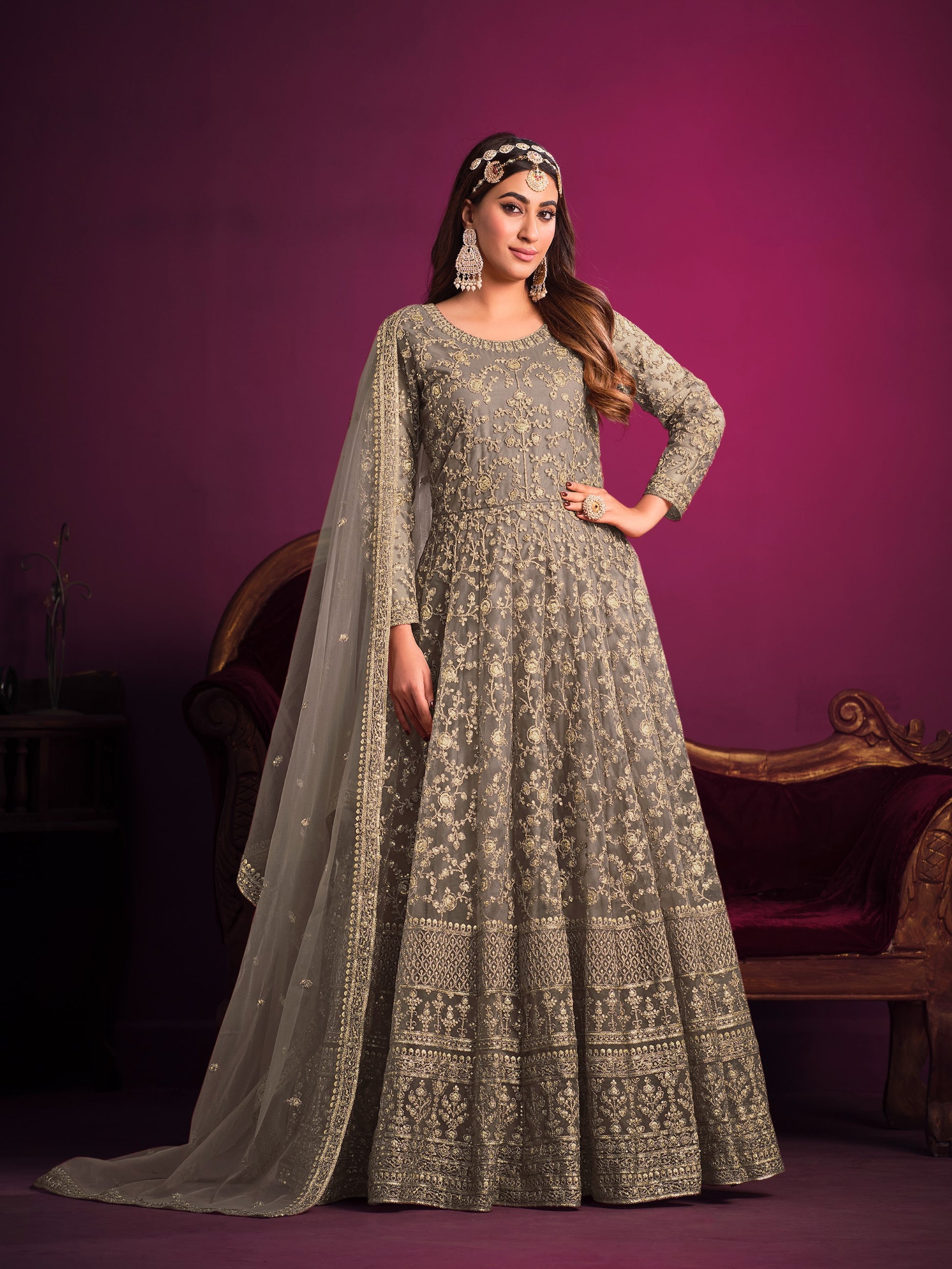 Anaita Grey Embroidered Net Anarkali Suit - Distacart