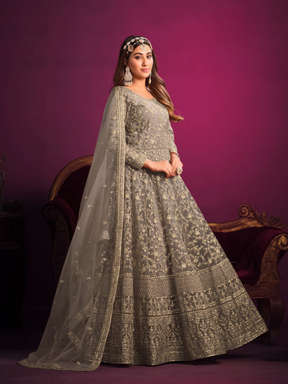 Anaita Grey Embroidered Net Anarkali Suit - Distacart