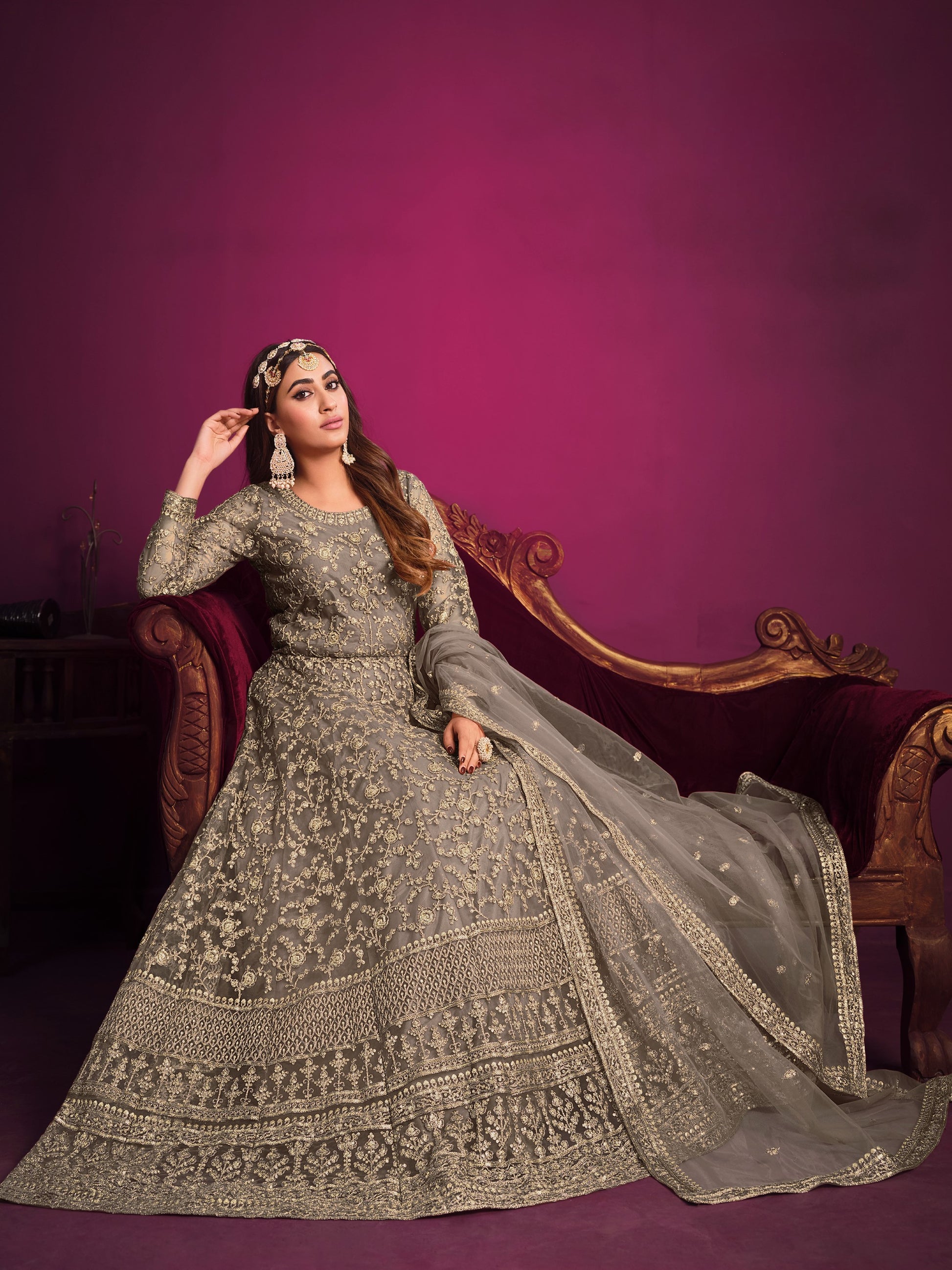 Anaita Grey Embroidered Net Anarkali Suit - Distacart