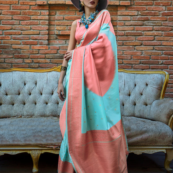 Monjolika Fashion Aqua Blue And Peach Handloom Weaving Silk Contemporary Saree - Distacart