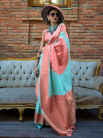 Thumbnail for Monjolika Fashion Aqua Blue And Peach Handloom Weaving Silk Contemporary Saree