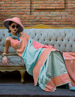 Thumbnail for Monjolika Fashion Aqua Blue And Peach Handloom Weaving Silk Contemporary Saree