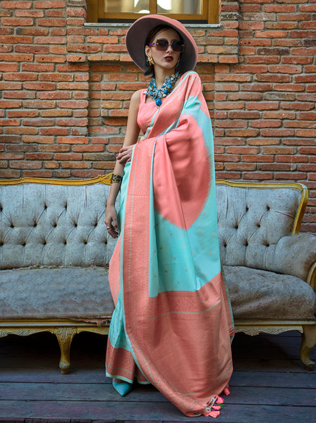 Monjolika Fashion Aqua Blue And Peach Handloom Weaving Silk Contemporary Saree