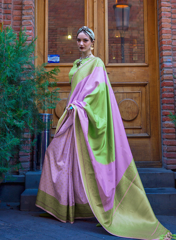 Monjolika Fashion Green And Lavender Weaving Silk Traditional Saree