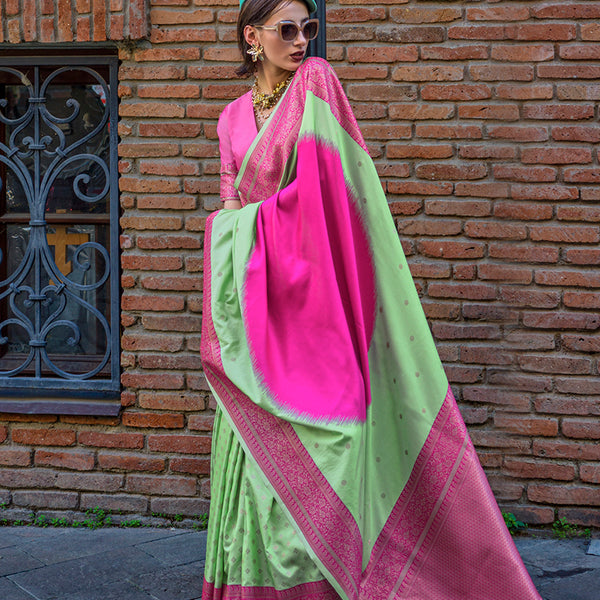 Monjolika Fashion Weaving Green And Rani Handloom Silk Trendy Saree - Distacart