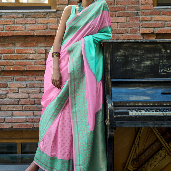Monjolika Fashion Pink And Sea Green Weaving Silk Ceremonial Trendy Saree - Distacart