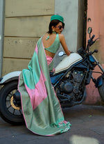 Thumbnail for Monjolika Fashion Pink And Sea Green Weaving Silk Ceremonial Trendy Saree - Distacart